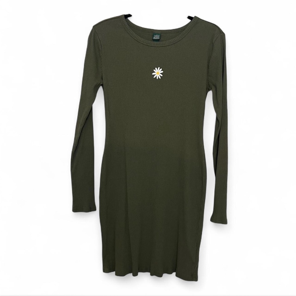 Wild Fable Dark Green Long Sleeve Dress with Floral Accent
